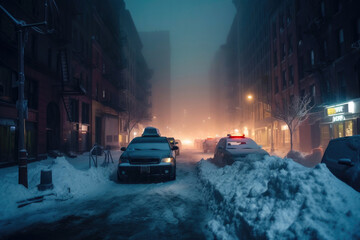 The street and cars are full of snow after a big snowstorm during winter season. Generative AI