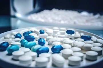 Blue and white capsule pill on table. Generative AI
