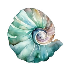 Blue watercolor seashell illustration isolated on transparent background, underwater animals ocean collection. Generative AI - obrazy, fototapety, plakaty