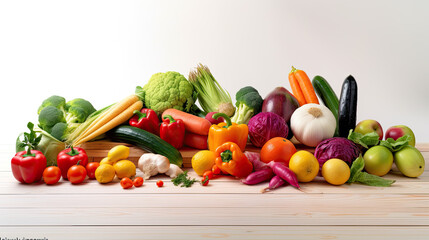 Healthy food with vegetables and fruits on a table with white background - generative AI