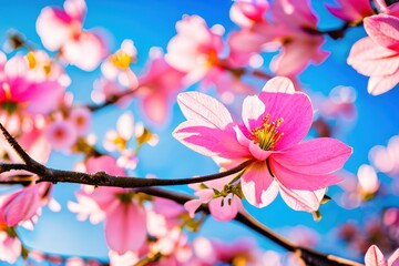 Pink-colored cherry blossom petals are flowing under the blue sky. Wildlife concept of ecological environment. Generative AI