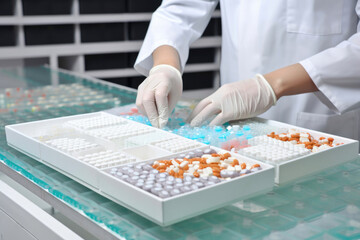 Pharmacist or expert on pharmaceutical inspection identifies pills Testing. Generative AI