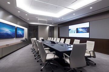 Fototapeta na wymiar High-tech meeting room with video conferencing capabilities, interactive whiteboards, ergonomic chairs, and advanced audio-visual equipment - Generative AI