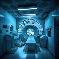 MRI scanner room in hospital take with art lighting and blue filter. Generative AI