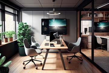 Modern office interior, meeting room with monitors for videoconferencing. Abstract illustration.