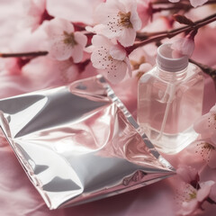 mockup of aluminum foil bag and a bottle of skin care essence, on pink background with flowers. Generative AI Art Illustration