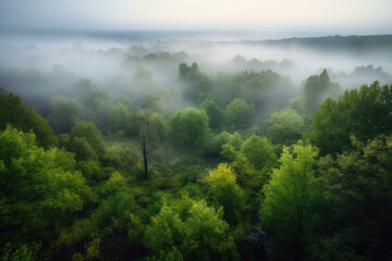 Misty landscape with fir forest. Fog over spruce forest trees at early morning. Generative AI