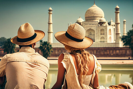A man and a woman, a family young couple of tourists in straw sombrero hats, view from the back, admire the landscape. Generated by artificial intelligence.