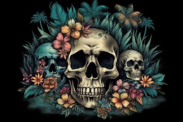 Dark Summer Vacation: Goth Skull and Exotic Plant Fusion on a Tropical Island: Generative AI