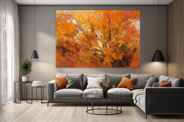 Inviting Contemporary Living Room Featuring Fall Colors in Digital Painting Artwork: Generative AI
