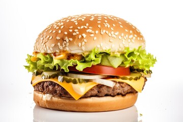 Golden Juicy Cheeseburger on White Background - Delicious Fast Food at Its Finest, Generative AI