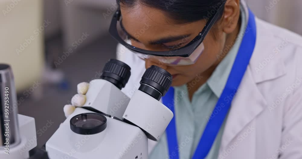 Poster medical science, woman and laboratory with microscope for analysis or futuristic innovation and deve