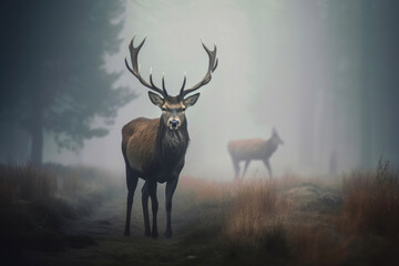Deer nature wildlife animal walking proud out of the mist. Generative AI
