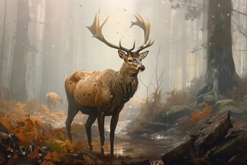 Portrait of majestic red deer stag in Autumn Fall. Generative AI