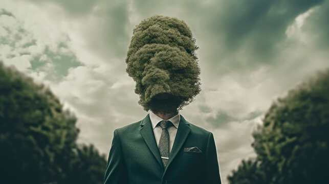 Concepto de ecolog&iacute;a. cuerpo de hombre ficticio de negocios con traje elegante verde,camisa blanca y corbata, con cabeza de arbol. Ilustraci&oacute;n de IA Generativa 