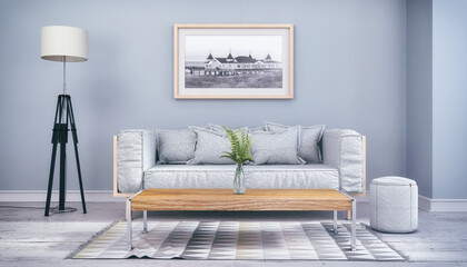Illustration - Skandinavisches, nordisches Wohnzimmer mit einer Couch, Tisch, Teppich, Wandbild und einer Lampe  - Textfreiraum - Platzhalter - Retro Look