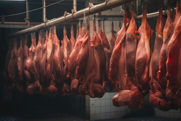 Сarcasses of pigs hanging on hooks at a meat processing plant. Generative AI