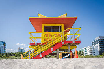 Miami Beach, USA - December 5, 2022. View of classic art deco lifeguard tower in South Miami Beach - 592753640