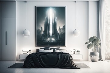 In a modern, minimalist bedroom, a poster. Generative AI