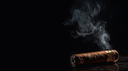 burning brown cigar with smoke on black background with copy space, Cuban cigars,robusto