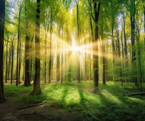 Serene Forest: Sunbeams Illuminating the Green Canopy Created with Generative AI and Other Techniques