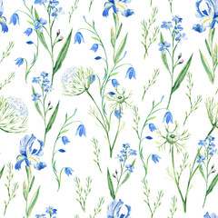 Seamless watercolor pattern with wildflowers bluebell, forget-me-not, iris, Queen Annes lace on white background. Can be used for fabric prints, gift wrapping paper, kitchen textile.