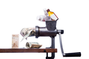 Pharmacy business. Medicines and money. Converting medicines into money. Isolated.