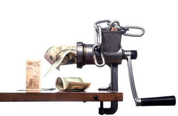 Recycling metal into money. Recycling. Make money out of garbage. Processing business. Isolated.