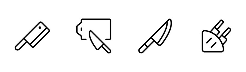 kitchen knife, cutting board or chopping board icon vector set design with Editable Stroke. Line, Solid, Flat Line, thin style and Suitable for Web Page, Mobile App, UI, UX design.