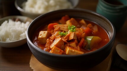 Kimchi Stew - A flavorful soup made with Kimchi, pork belly, tofu, and vegetables, served with steaming hot rice