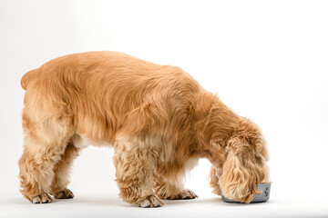 American Spaniel eating dry food from a metal bowl isolated on white background.
