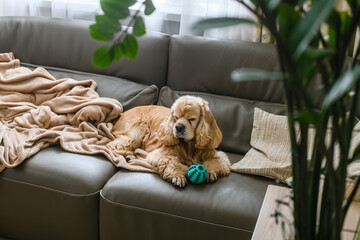 An American Cocker Spaniel is lying on an olive sofa with his toy.