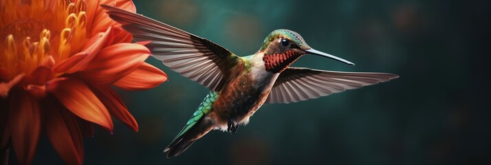 Fototapeta premium Beautiful close up hummingbird in flight near by big bright flower on dark background. Nectar eater. Web banner or header template with copy space. Panoramic view. Generated with AI.