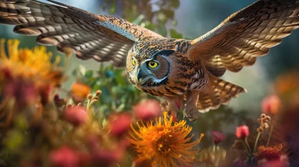 Foto op Plexiglas Uiltjes Stunning illustration of flying owl on spring field full of bright wild flowers. Forest bird portrait. Splash screen or sketchbook cover template. Outdoor background. AI generative image.