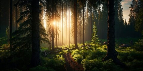 A forest landscape illuminated by the sun as a background