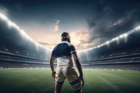 American football man player in action on the stadium. Back view. Generative AI