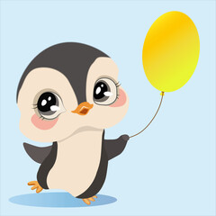 Cute smiling baby penguin with an inflatable balloon. Birthday card