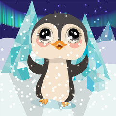Cute little penguin on an ice floe, it's snowing. Birthday card
