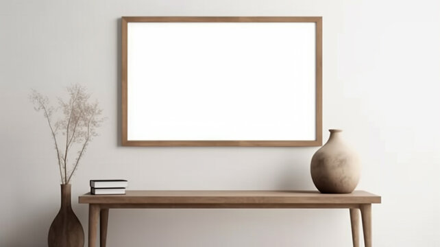 Blank canvas or frame above desk in living room, for art or photo display, mock up wall decor