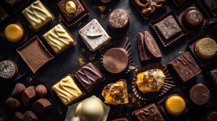 Assorted handmade chocolates, box of candies, bon-bons and truffles made of dark, white and milk chocolate. Delicious dessert top view