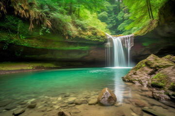 Cachoeira paradisíaca com rio cristalino e vegetação exuberante