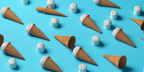 Helado derritiéndose al sol en verano con fondo azul, divertido fondo para fiesta infantil de verano, hecho con IA