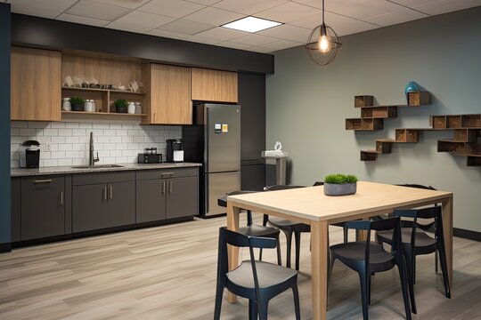 Modern Breakroom With Cozy Seating, A Fully Stocked Pantry, Recreational Activities, And Vibrant Decor, Providing Employees With A Refreshing Space To Relax - Generative AI