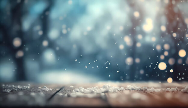 Christmas background. Snowflakes on a wooden background. Blue snow background. Banner. Generative AI