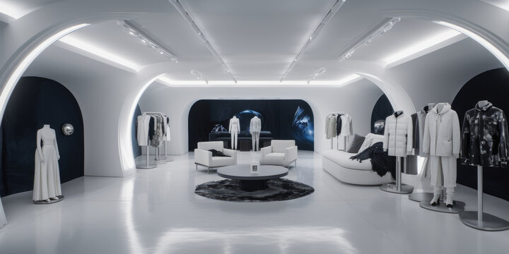 Tienda de ropa de lujo, local futurista presentación ropa nueva colección semana de la moda de Paris, espacio futurista nave espacial interiorismo, hecho con IA generativa
