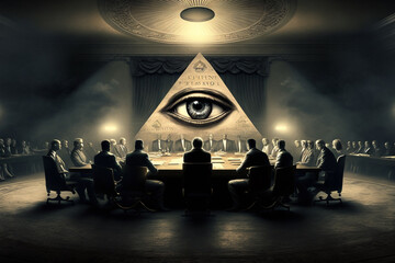 Illuminati meeting, all seeing eye pyramid, concept of secret societies, elite rulers, occultism and masonic conspiracies