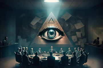 Illuminati meeting, all seeing eye pyramid, concept of secret societies, elite rulers, occultism and masonic conspiracies