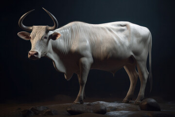 A natural and peaceful scene of a brown and white cow grazing in a green pasture surrounded by flora and fauna. AI Generative.