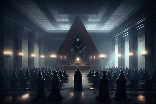 Illuminati meeting, all seeing eye pyramid, concept of secret societies, elite rulers, occultism and masonic conspiracies