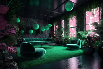 Loft estilo tropical con muebles verdes, apartamento moderno en la ciudad con plantas, moderno recibidor hotel de lujo, hecho con IA